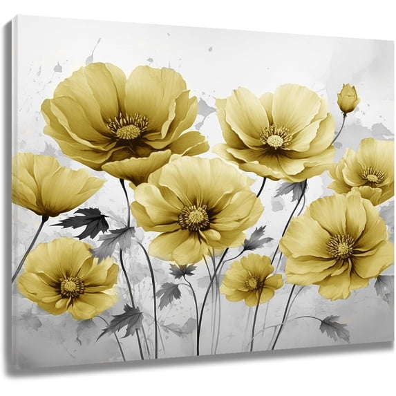 Country Wildflower Canvas Wall Art Yellow Floral with Gray Leaf Plant Pictures Wall Decor Rustic Watercolor Flower Paintings Wall Decor for Living Room Bedroom Bathroom Office,16L X 24W inches
