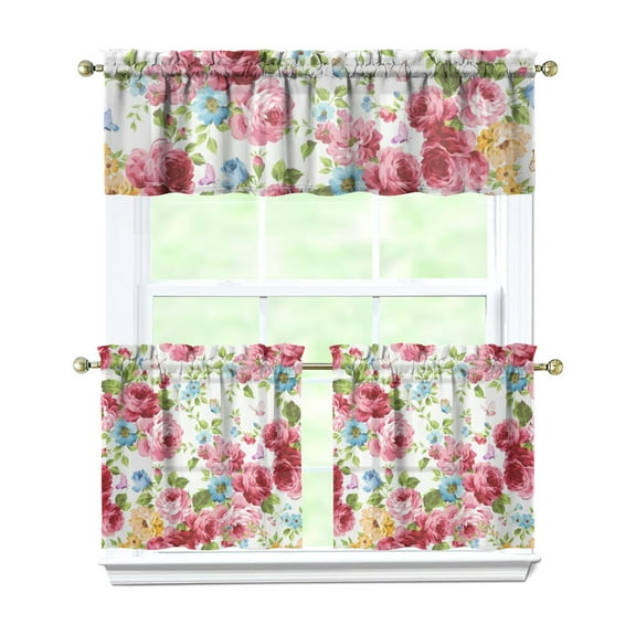 Country Wildflower Curtains 24 Inch - 3 Panel Vintage Bohemian Farmhouse Set with Floral Print, Rustic Kitchen Drapes