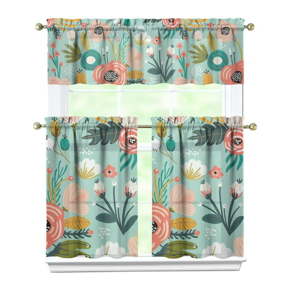Country Wildflower Curtains 36 Inch - 3 Panel Vintage Bohemian Farmhouse Set with Floral Print, Rod Pocket Kitchen Window Drapes for Spring
