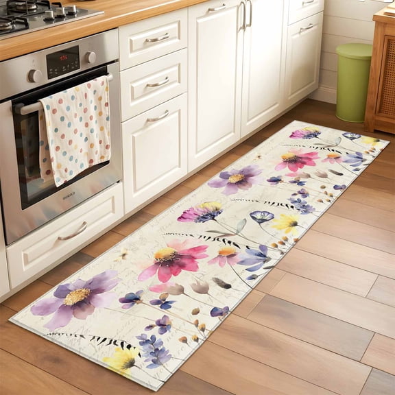 Country Wildflowers 2x6 Runner Rug for Hallway Walkway Kitchen Galley, Watercolor Gradient Purple Pink Floral Newspaper Texture Low Pile Washable Non Slip Long Area Rug