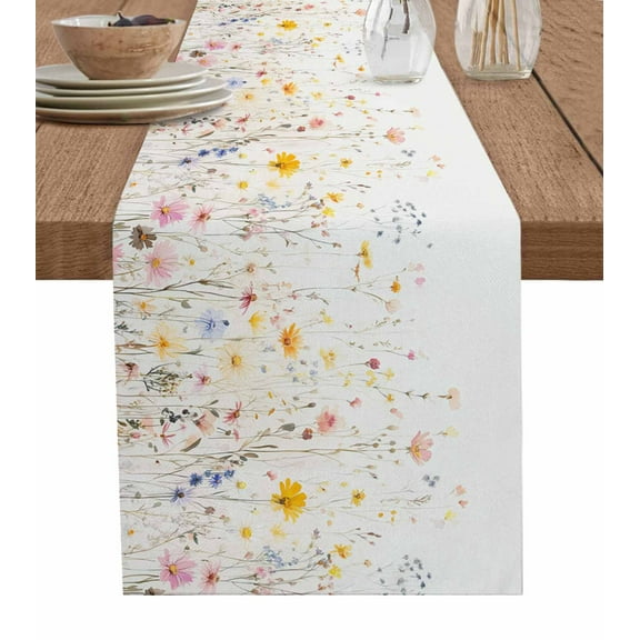 Country Wildflowers Burlap Cotton Table Runner 13x120 Inches Long, Spring Rustic Vintage Botanical Farmhouse Table Runners, Outdoor Dining Tablecloths Decor for Baby Shower/Party/Wedding