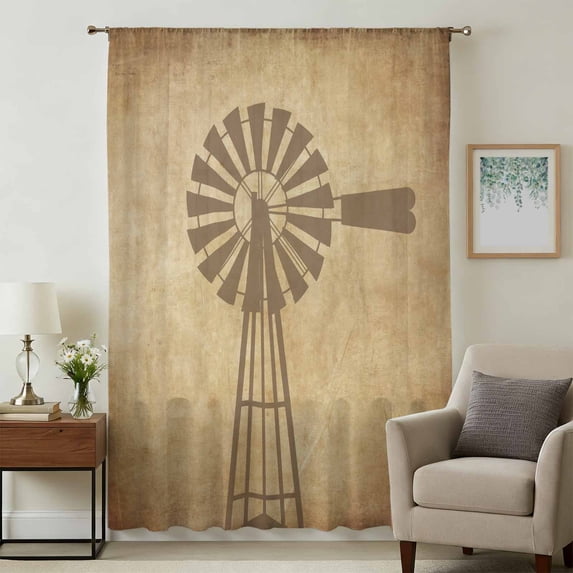 Country Windmill Sheer Curtains 54 Inches Long, Farmhouse Vintage Rustic Farm Barn Light Filering Curtains, Breathable Simi Curtain Privacy Drapes for Kitchen Bathroom Nursery Small Window Treatment
