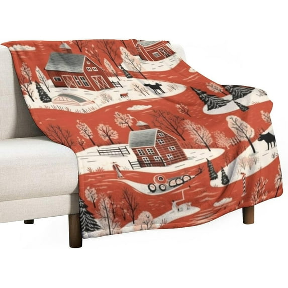 Country Winter Scene with Red Barn Blanket Xmas Merry Christmas Throw Blankets 50"x60" Soft Flannel Cozy Blankets for Couch Bed Decor Birthday Gift Cozy & Warm Plush Throw Blanket Holiday