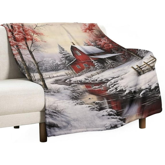 Country Winter Scene with Red Barn Blanket Xmas Merry Christmas Throw Blankets 50"x60" Soft Flannel Cozy Blankets for Couch Bed Decor Birthday Gift Cozy & Warm Plush Throw Blanket Holiday