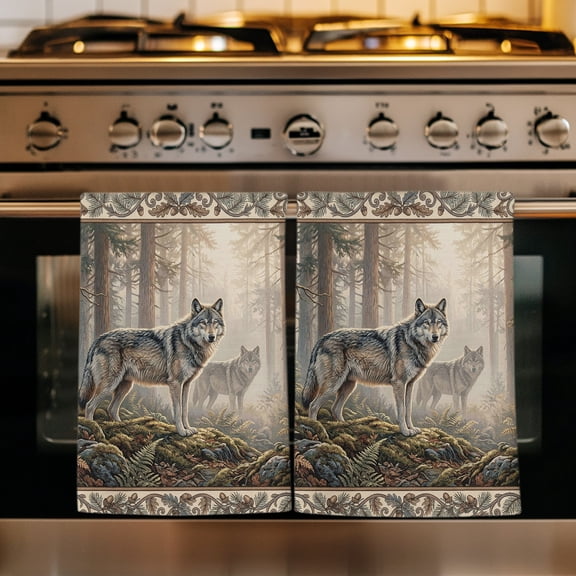 Country Wolf Kitchen Towels Set of 1, Rustic Animals Trees Plants Forest Scenery Absorbent Dish Towels for Kitchen, Microfiber Hand Towel, Quick Drying Tea Towel for Cleaning Decorative Dishcloths