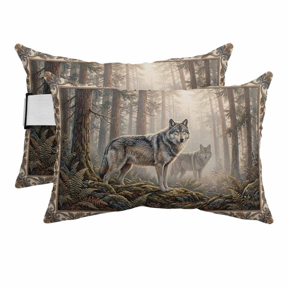 Country Wolf Outdoor Pillows for Chaise Lounge Chair Beach Headrest Pillow Set of 2 Waterproof Lumbar Pillows with Insert&Strap Rustic Animals Trees Plants Forest Scenery Pool Pillow 12"x20"