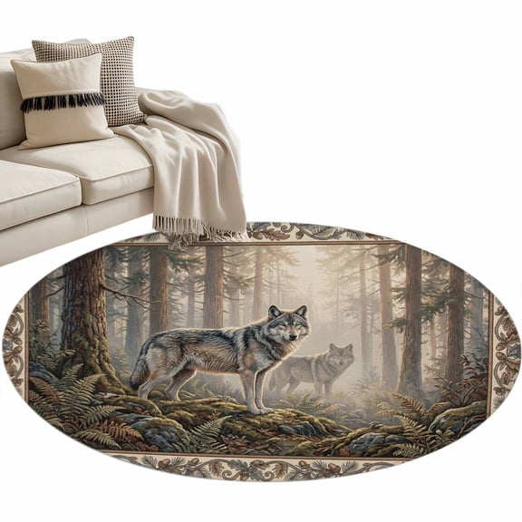 Country Wolf Round Rug 4ft Washable Circle Entryway Rugs Non Slip Rustic Animals Trees Plants Forest Scenery Area Rug Indoor Carpet for Bedroom Kitchen Living Room Home Office Dining Room Nursery