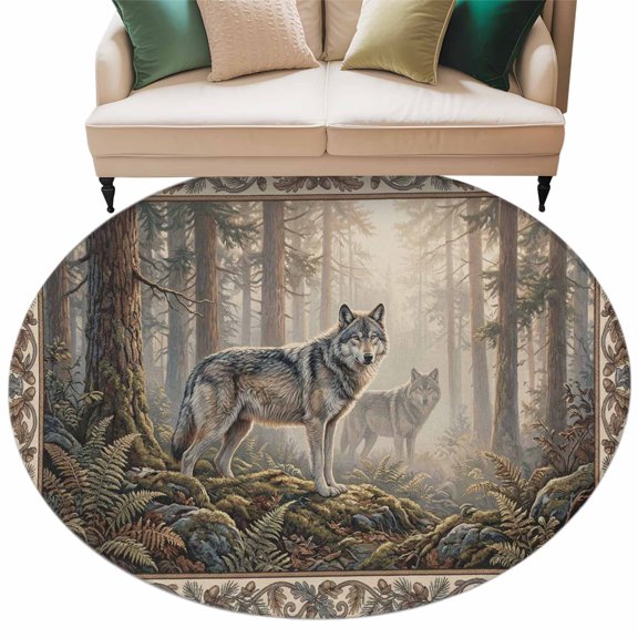 Country Wolf Round Rug 5ft Washable Circle Kitchen Rugs Non Slip Rustic Animals Trees Plants Forest Scenery Large Area Rug Indoor Floor Carpet for Bedroom Living Room Home Office Dining Room Nursery