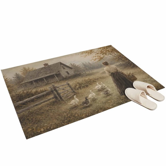 Country Woman Entryway Rug 2'x3' Rustic Vintage Brown Cottage Farmhouse Duck Fence Small Area Rug Non-Slip Front Door Mat Washable Floor for Front‑Door Area, Kitchen Sink Zone, Bathroom