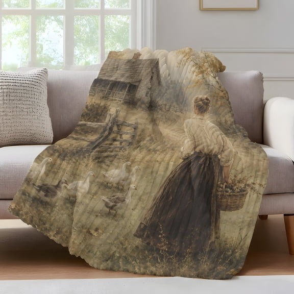 Country Woman Throw Blanket for Couch Rustic Vintage Brown Cottage Farmhouse Duck Fence Soft and Warm Flannel 3D Striped Fuzzy Fleece Blanket Lightweight Throw for Bed, Sofa 30 x 40 Inches