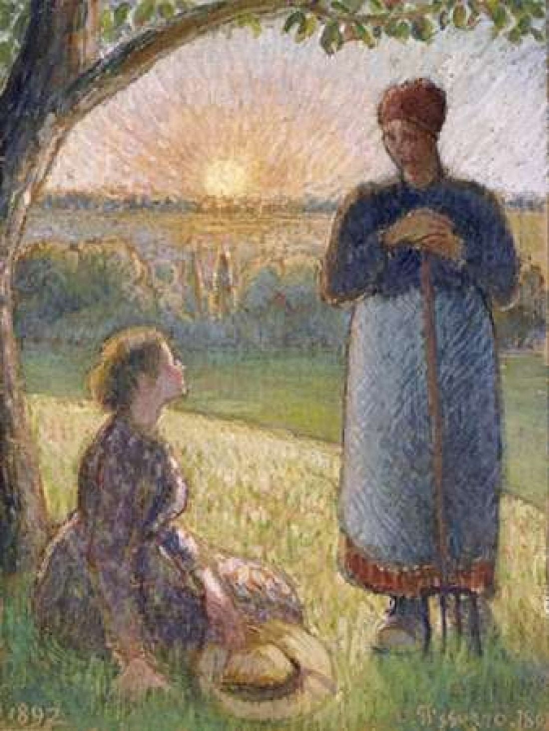 Country Women Chatting Sunset Eragny Canvas Art - Camille Pissarro (22 x 28)
