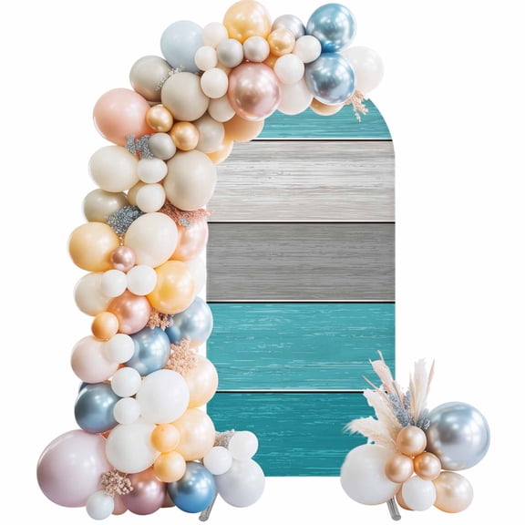 Country Wood Board Gray Urquoise Arch Backdrop Cover Spandex Fitted Arch Cover 6FT,Arches Backdrop Stand Covers for Wedding Birthday Party Ceremony Banquet Decoration Vintage Gradient Plank