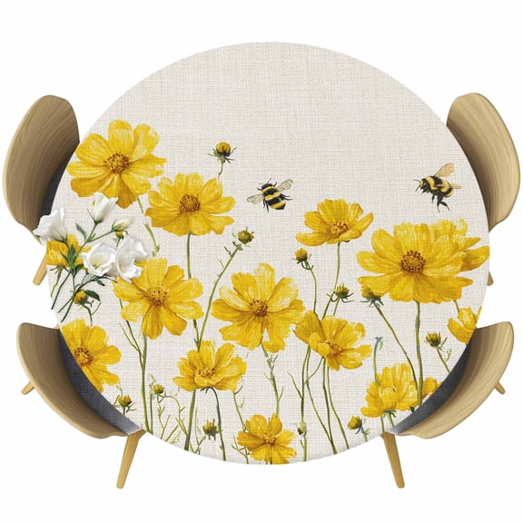 Country Yellow Flower Bee Fitted Round Tablecloths Elastic Edged Table Covers 55"-60",Waterproof Table Cloth for Kitchen Holiday Party Tables Decor
