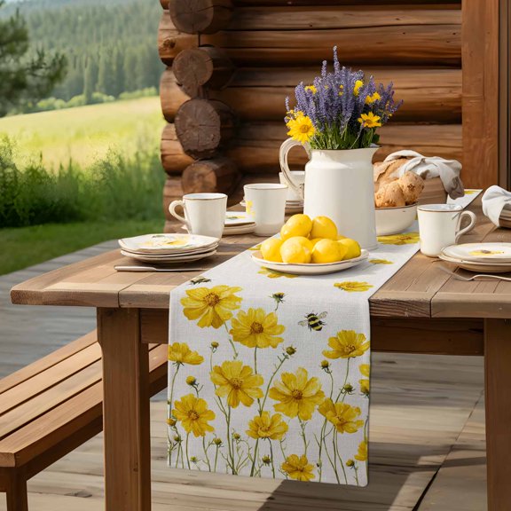 Country Yellow Flower Bee Table Runner 13x90in Non-Slip Cotton Linen Table Runners, Farm Plant Retro Linen Dresser Scarves TableRunner for Dinner Kitchen Dining Wedding Party