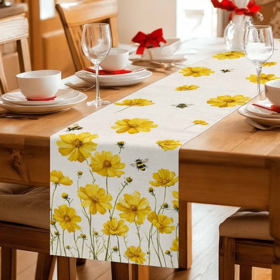 Country Yellow Flower Bee Table Runner 36 Inches Long,Kitchen Dining Tablerunners Farm Plant Retro Linen Table Runners Dresser Scarves for Home Dinner Wedding Holiday Party Decor
