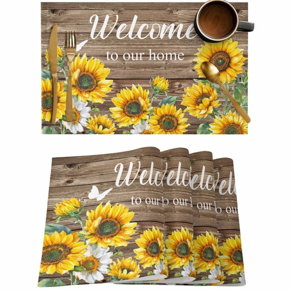 Country Yellow Sunflower Butterfly Welcome Quote Placemats Set of 4,Wipeable Washable Table Mats for Dining Tables,Vintage Brown Plank Place Mats for Kitchen Event Party Tabletop Decor