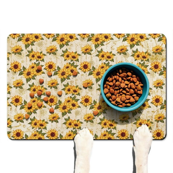 Country Yellow Sunflower Dog Bowl Mat - Waterproof Pet Feeding Mat with Farmhouse Wildflower Aesthetic