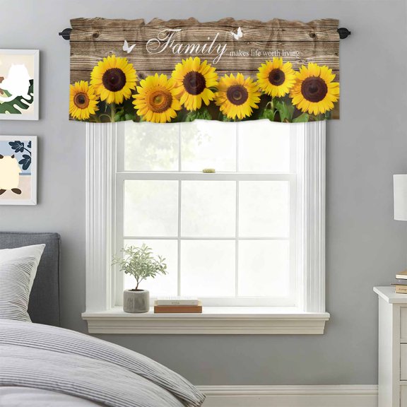 Country Yellow Sunflower on Wood Board Valances for Windows,Kitchen Valance Rod Pocket Short Curtain, Positive Quote Valance Curtain Window Valances for Bedroom Bathroom Living Room 42x18in