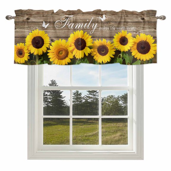 Country Yellow Sunflower on Wood Board Valances for Windows Positive Quote Rod Pocket Curtain Valance Window Treatment Short Curtains for Kitchen Living Room,54x18in