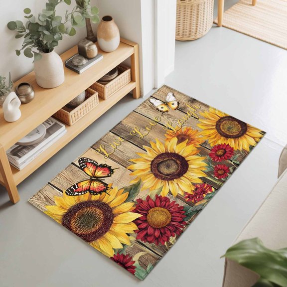 Country Yellow Sunflowers Rectangle Area Rug 2x3ft,Living Room Rug Non-Slip Washable Circle Rugs Pad,Butterfly on Wood Grain Soft Floor Carpet for Bedroom Dining Room