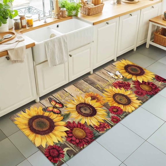 Country Yellow Sunflowers Rectangle Area Rug 2x6ft,Living Room Rug Non-Slip Washable Circle Rugs Pad,Butterfly on Wood Grain Soft Floor Carpet for Bedroom Dining Room