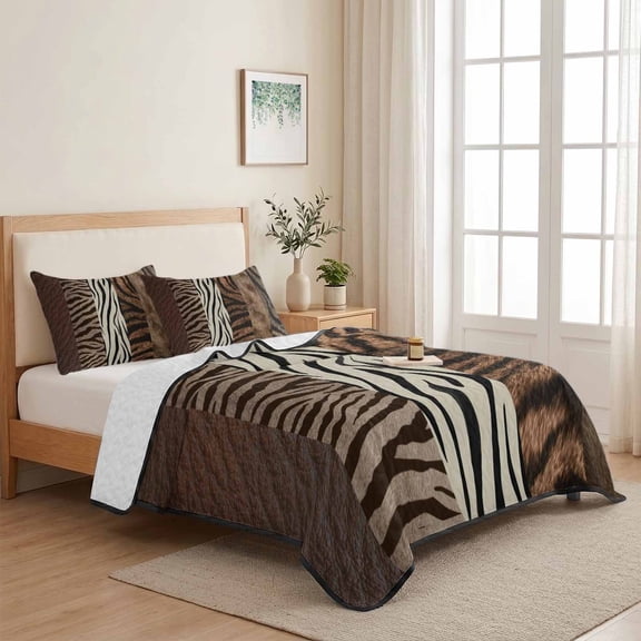 Country Zebra Texture 3 Pieces Quilt Set,1 Quilt with 2 Shams,Farmhouse Brown Animal Printed Bedspread Soft Lightweight Bedding Coverlet Comforter Set for All Season 68"x98"