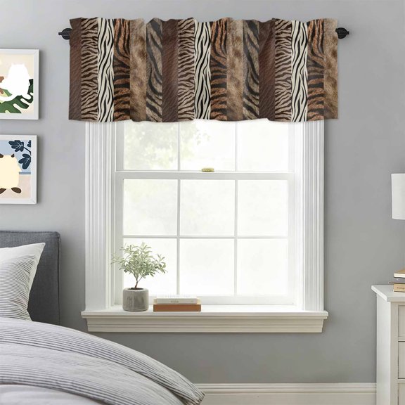 Country Zebra Texture Valances for Windows,Kitchen Valance Rod Pocket Short Curtain, Farmhouse Brown Animal Printed Valance Curtain Window Valances for Bedroom Bathroom Living Room 42x18in