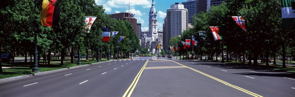 Country flags on trees along Martin Luther King Drive Philadelphia Pennsylvania USA Canvas Art - Panoramic Images (12 x 36)