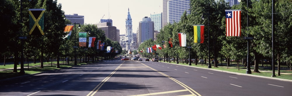 Country flags on trees along Martin Luther King Drive Philadelphia Pennsylvania USA Canvas Art - Panoramic Images (27 x 9)