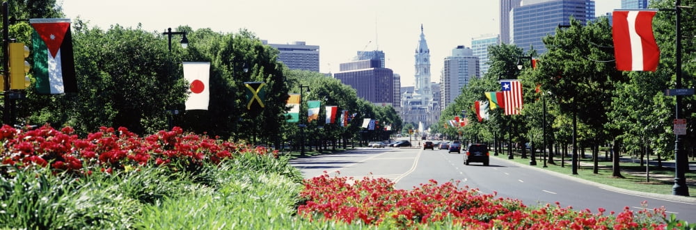 Country flags on trees along Martin Luther King Drive Philadelphia Pennsylvania USA Canvas Art - Panoramic Images (36 x 12)