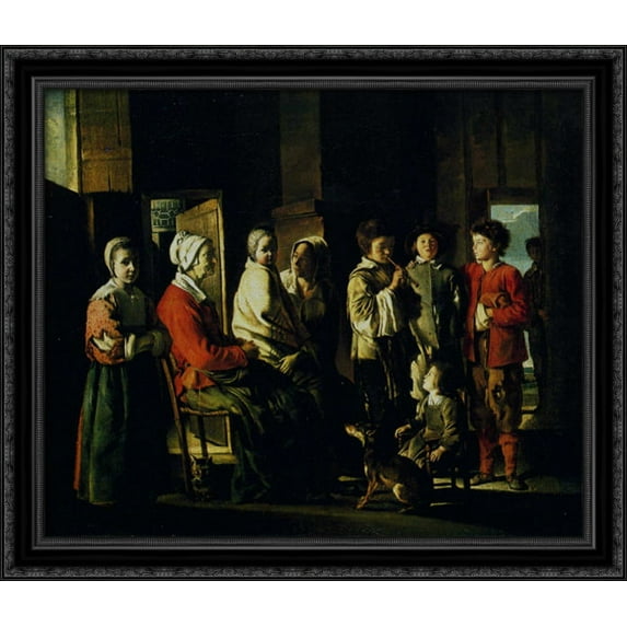 Country interior with the young player of flageolet 34x28 Large Black Ornate Wood Framed Canvas Art by Le Nain brothers
