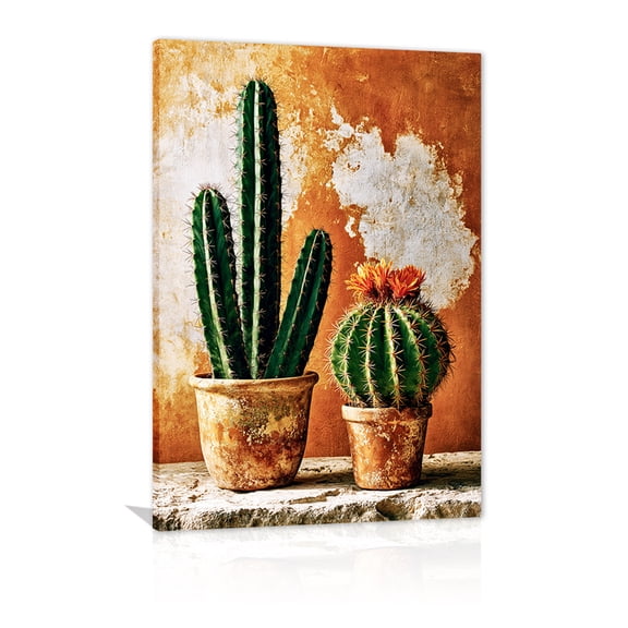 Country-style potted cacti and flowers canvas wall art, Southwestern Bohemian still life, suitable for living room, bedroom, kitchen and home wall decoration (framed).