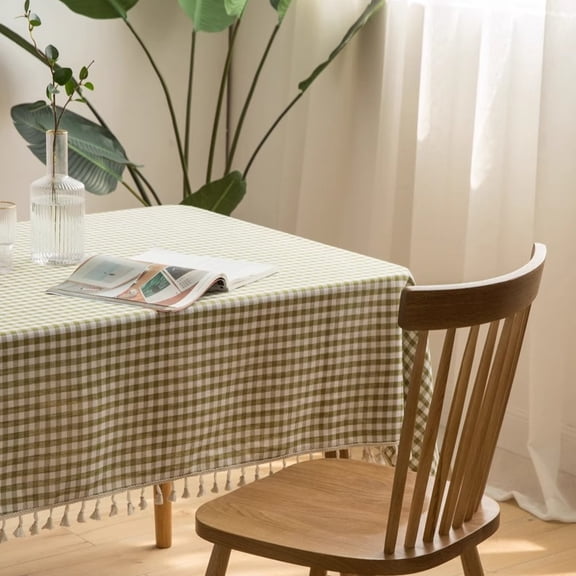 Country-style rectangular tablecloth with mint green small check pattern and beige tassel, festive decorative table cover