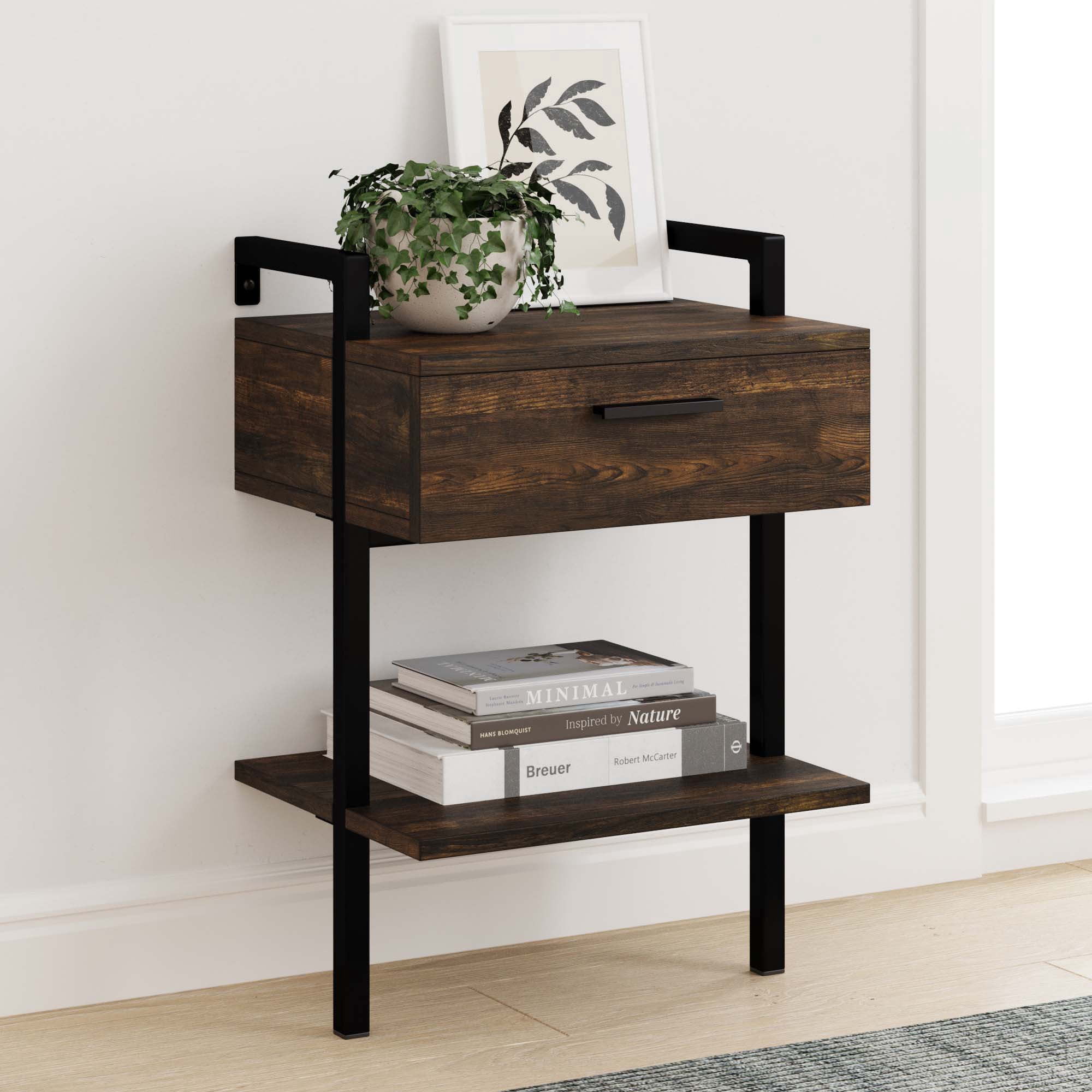 Country style wall mounted bedside table with drawers and storage