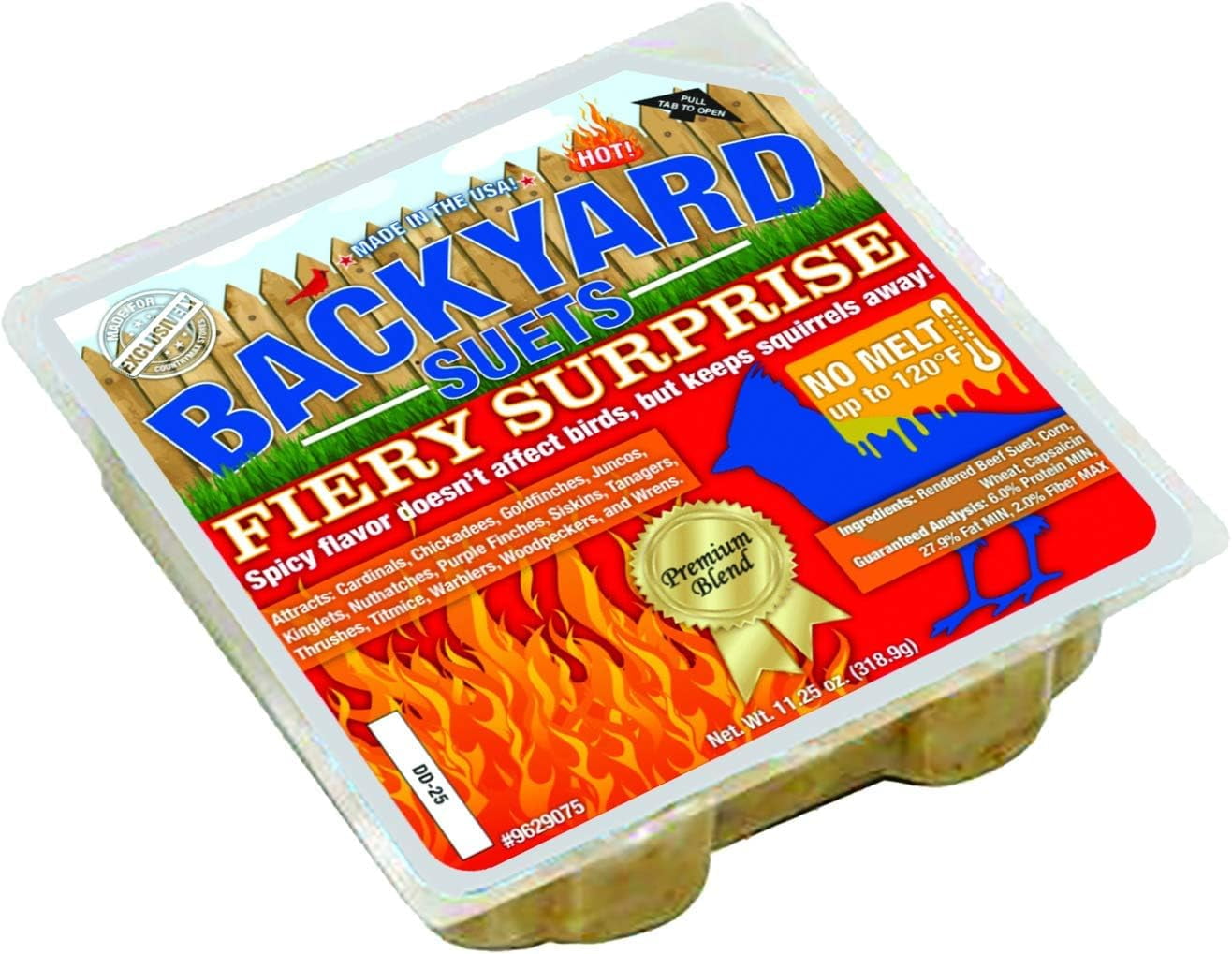 CountryMax Backyard Seeds No Melt Premium Suet Cakes 12 Pack for Wild Birds, Cardinals, Chickadees, Goldfinches (Fiery Surprise)