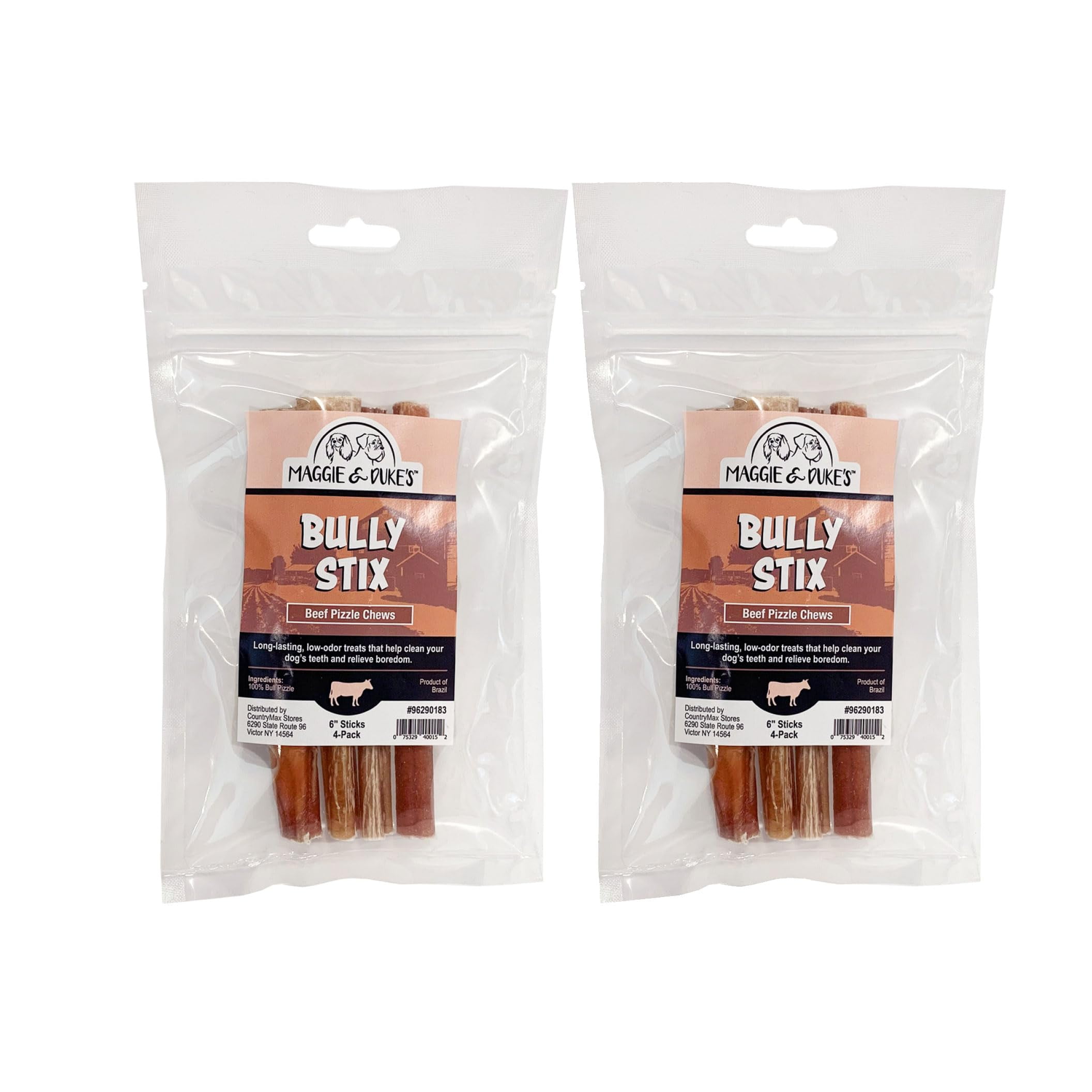 CountryMax Maggie & Duke's Natural Bully Stix Beef Pizzle Long Lasting, Low Odor Dog Chew Treats for Dental Health (6 Inches, 2, Count)