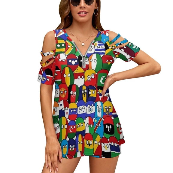 Countryball Womens Summer V Neck Zipper Top Short Sleeve T Shirt Off Shoulder Top Casual Classy Loose Shirts