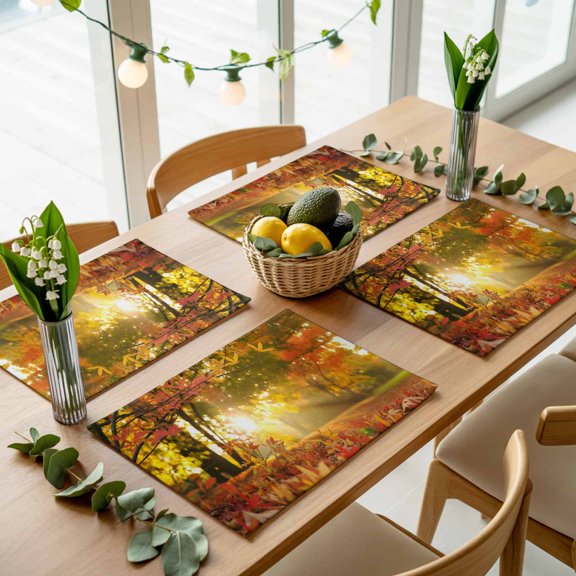 Countryside Autumn Maple Leaf Placemats Set of 4,Wipeable Washable Table Mats for Dining Tables, Fall Sunset Woods Place Mats for Kitchen Event Party Tabletop Decor