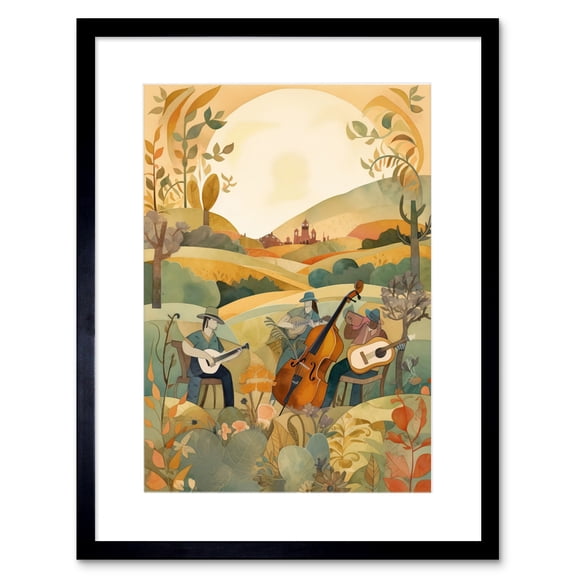 Countryside Band Musicians Playing In Field Watercolour Painting Artwork Framed Print Wall Art 9X7 Inch