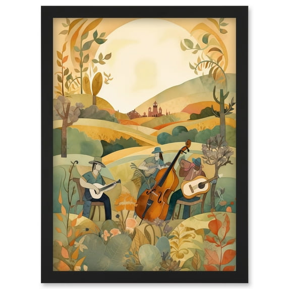 Countryside Band Musicians Playing In Field Watercolour Painting Artwork Framed Wall Art Print A4