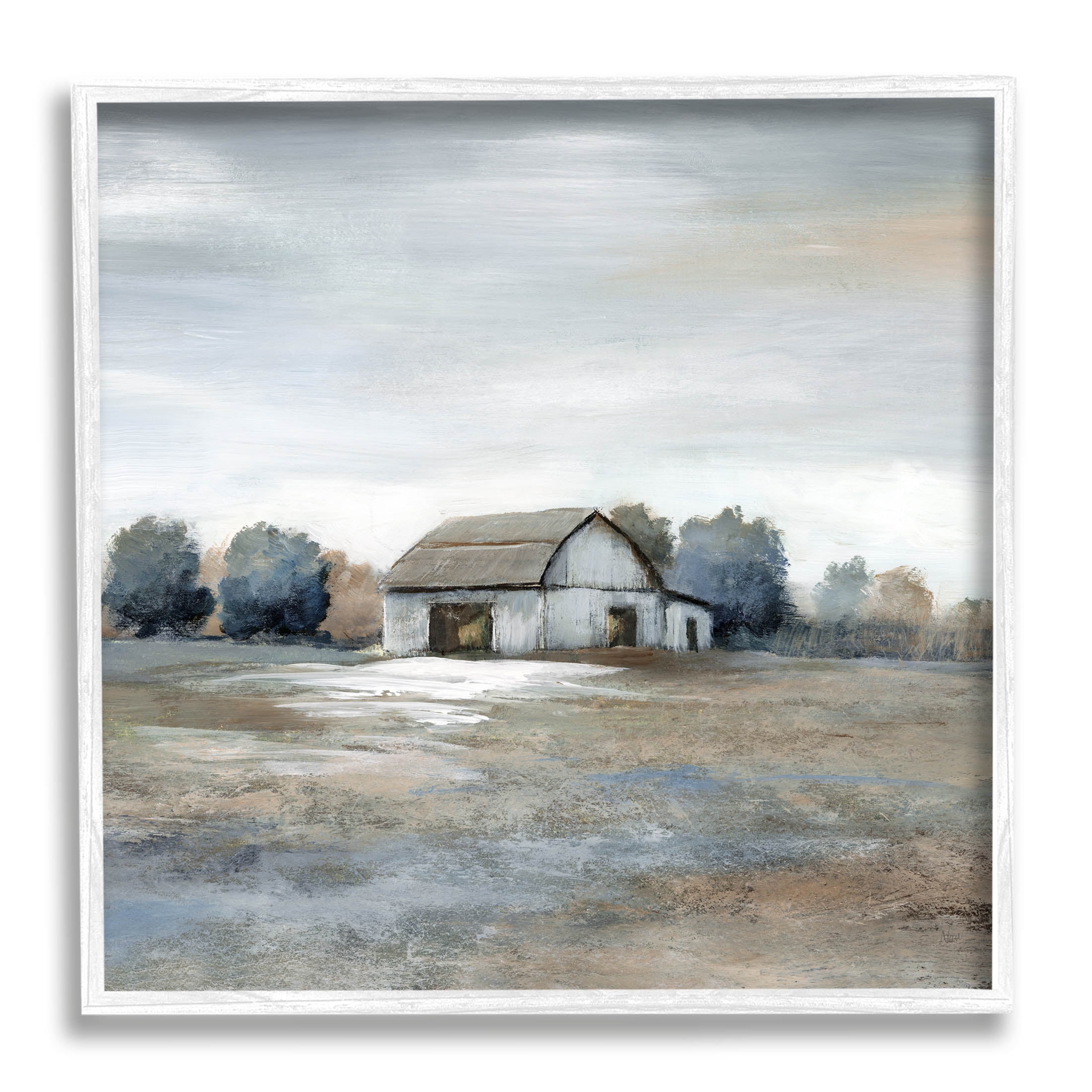 Countryside Barn Neutral Tones Landscape Canvas Print in White Frame