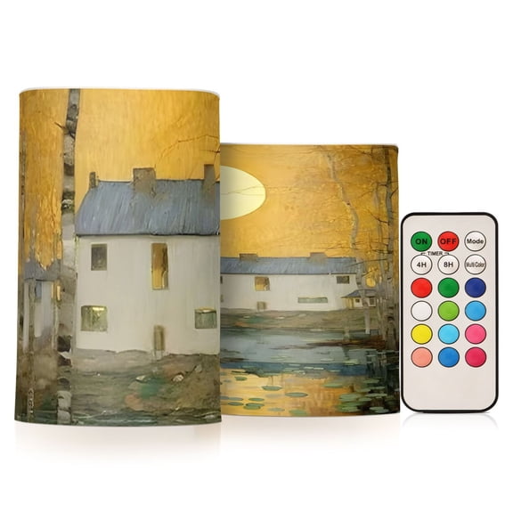 Countryside Cabin Flickering Flameless Candles Battery Operated with Remote Timer LED Pillar Candles Set of 2