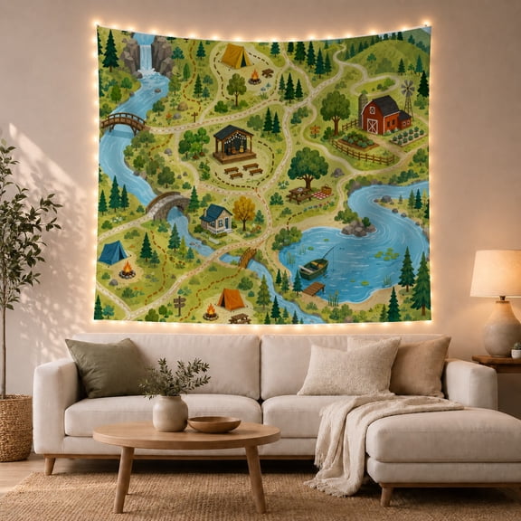 Countryside Camp Beside a Winding River, Playful Illustration for Camping Enthusiasts, Outdoor Adventure Art, Housewarming Gift, Tapestry Wall Hanging for Bedroom and Den