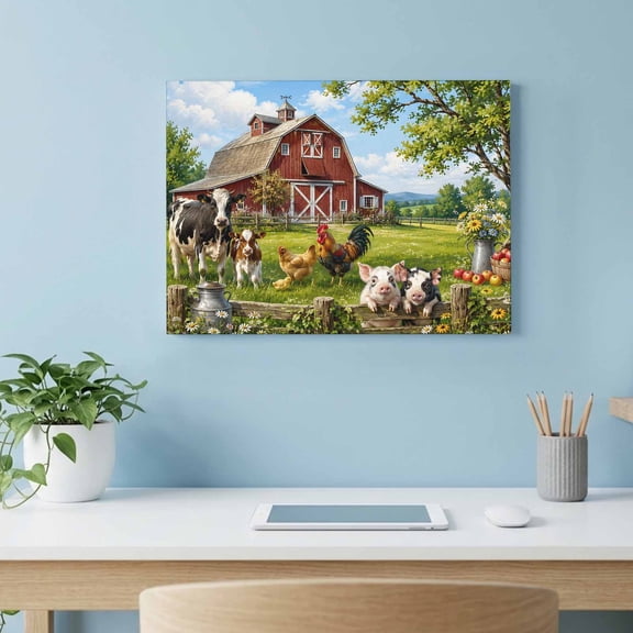 Countryside Canvas Wall Art, Farm Landscape Animal Cow Pig Rooster Red Barn Wall Art Prints Artwork Framed Canvas Ready to Hang Art Pictures for Kitchen Living Room Bedroom Hallway 28" x 22"
