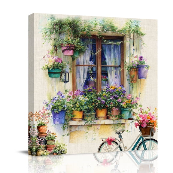 Countryside Canvas Wall Art for Living Room, Watercolor Window View Potted Plants Pastoral Poster Print Painting for Bedroom Office Home Decoration Wall Pictures Prepare To Hang 8"x8"