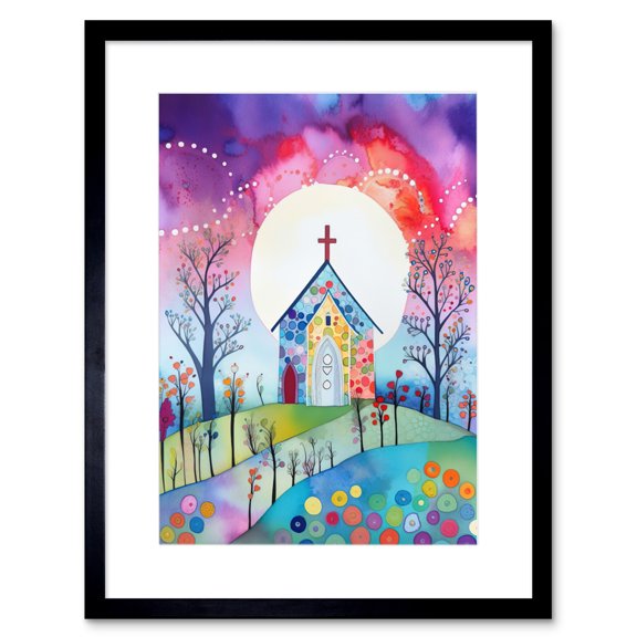 Countryside Chapel In Full Moon Spring Night Folk Art Watercolour Painting Artwork Framed Print Wall Art 9X7 Inch