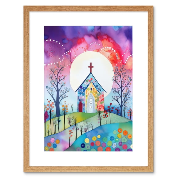 Countryside Chapel In Full Moon Spring Night Folk Art Watercolour Painting Artwork Framed Print Wall Art 9X7 Inch