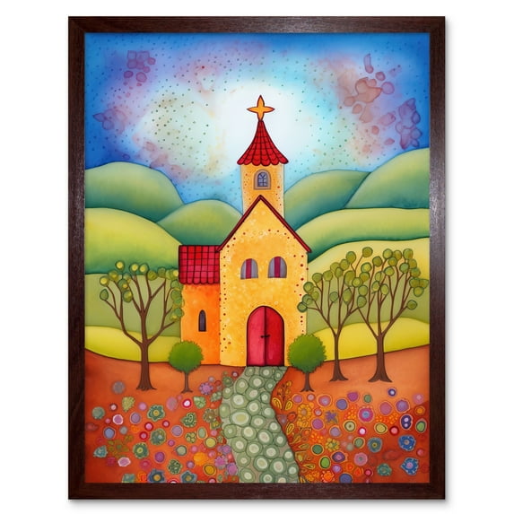 Countryside Chapel Spring Landscape Folk Art Watercolour Painting Art Print Framed Poster Wall Decor 12x16 inch