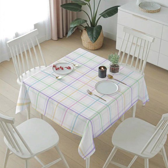 Countryside Checker Colorful Lines Table Cloth 54x54in, Waterproof Square Tablecloth Wipeable Tablecloths Spring Stripe on White Table Covers for Dining Tables Party Indoor Outdoor