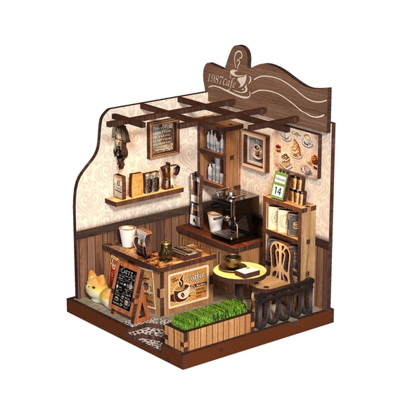 Countryside Coffee House DIY Book Nook Kit, 3D Wooden Puzzle Bookshelf Insert with Warm LED Lights, Creative Mini Cafe Building Set for Adults